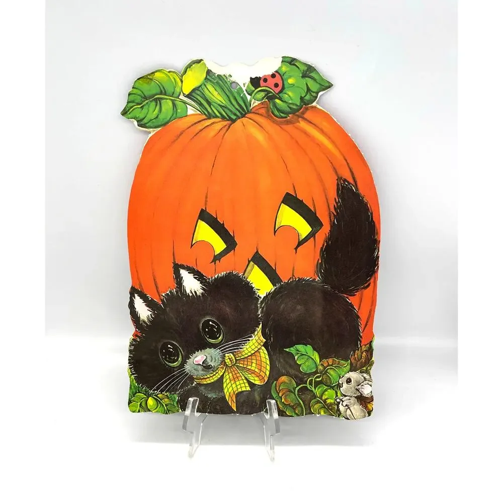 Vintage USA Halloween Die Cut Pumpkin Cat & Mouse Decoration Double Sided 13